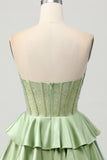 Dark Green Beaded A-line Strapless Corset Short Ball Dress