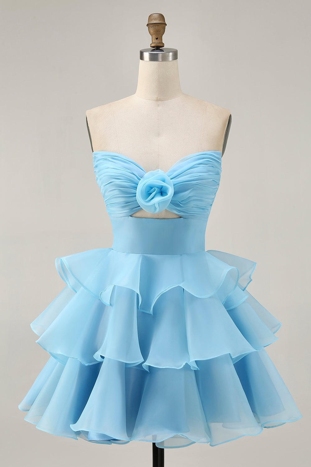 Blush A-Line Strapless Tiered Cocktail Dress with 3D Flowers