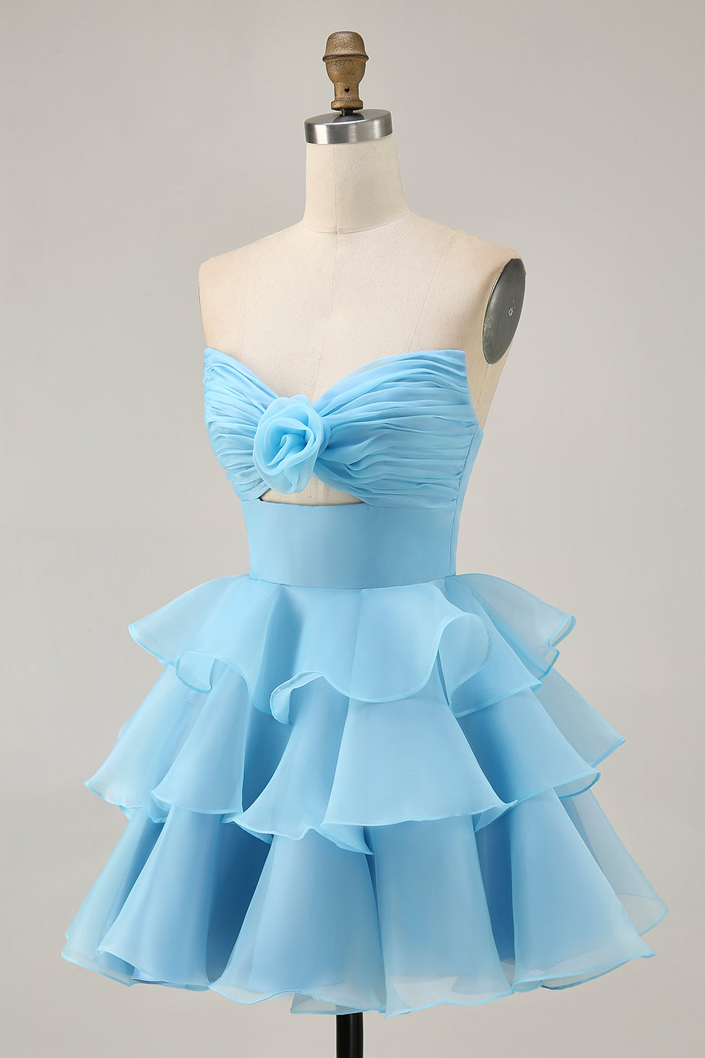 Blush A-Line Strapless Tiered Cocktail Dress with 3D Flowers
