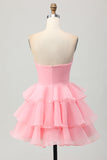 Cute Blush A-Line Strapless Cut Out Tiered Short Homecoming Dress