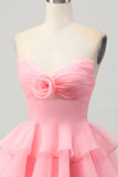 Cute Blush A-Line Strapless Cut Out Tiered Short Homecoming Dress