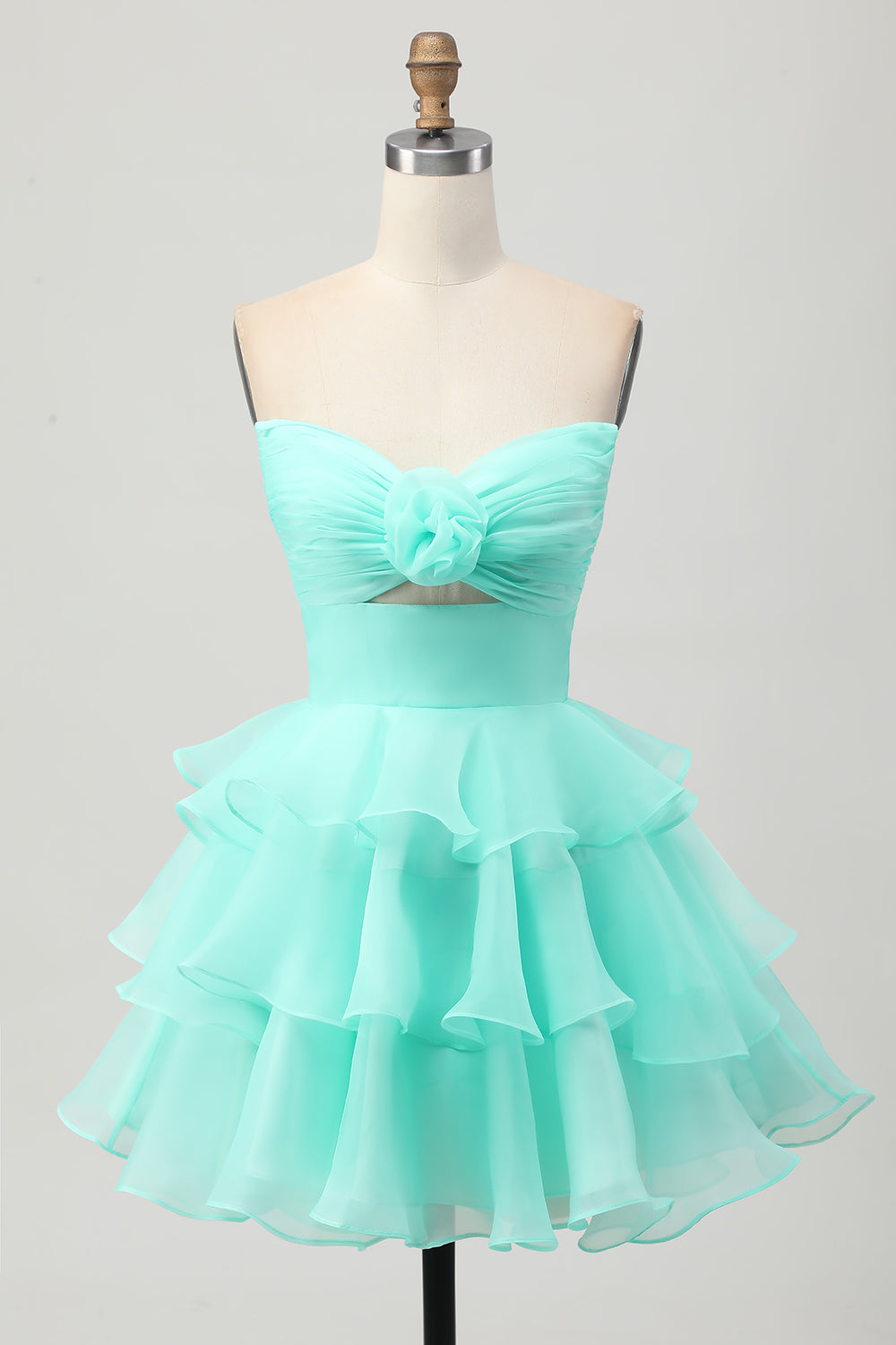 Blush A-Line Strapless Tiered Cocktail Dress with 3D Flowers
