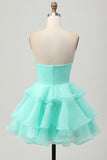 Cute A-line Strapless Cut Out Tiered Green Short Homecoming Dress
