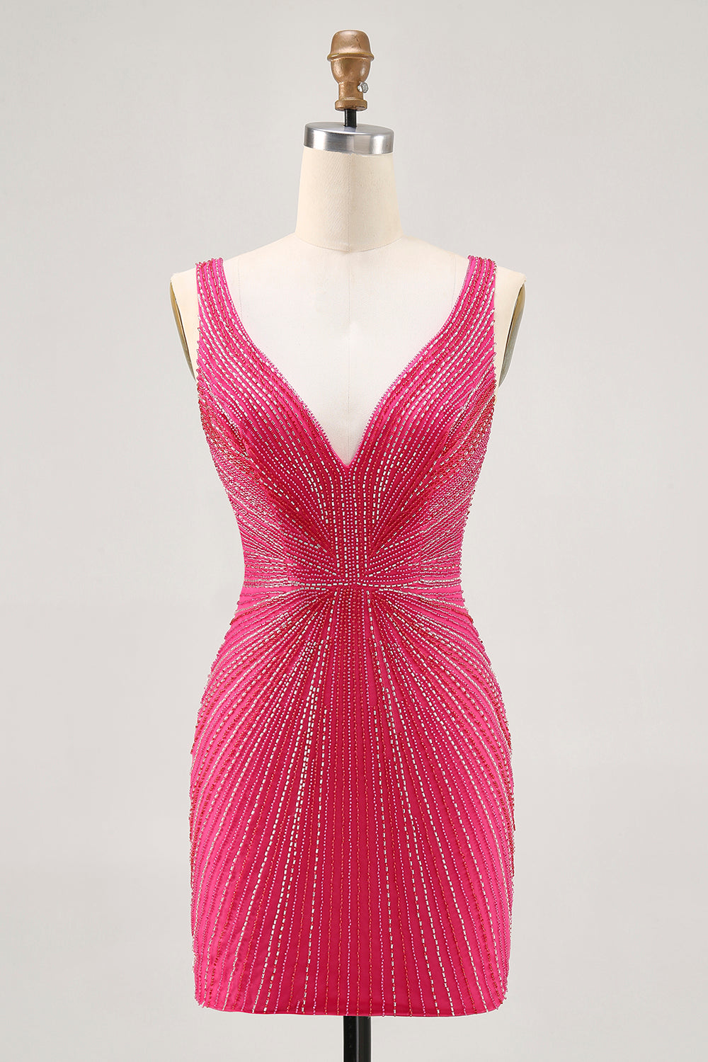 Fuchsia V-Neck Beaded Bodycon Short Ball Dress