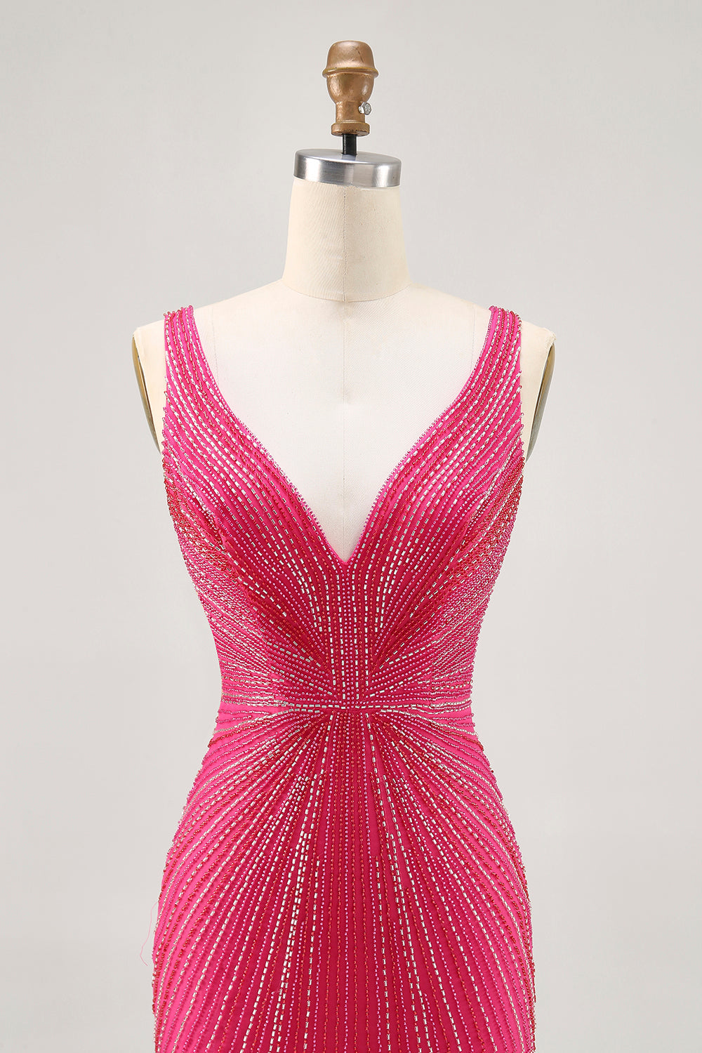 Fuchsia V-Neck Beaded Bodycon Short Ball Dress