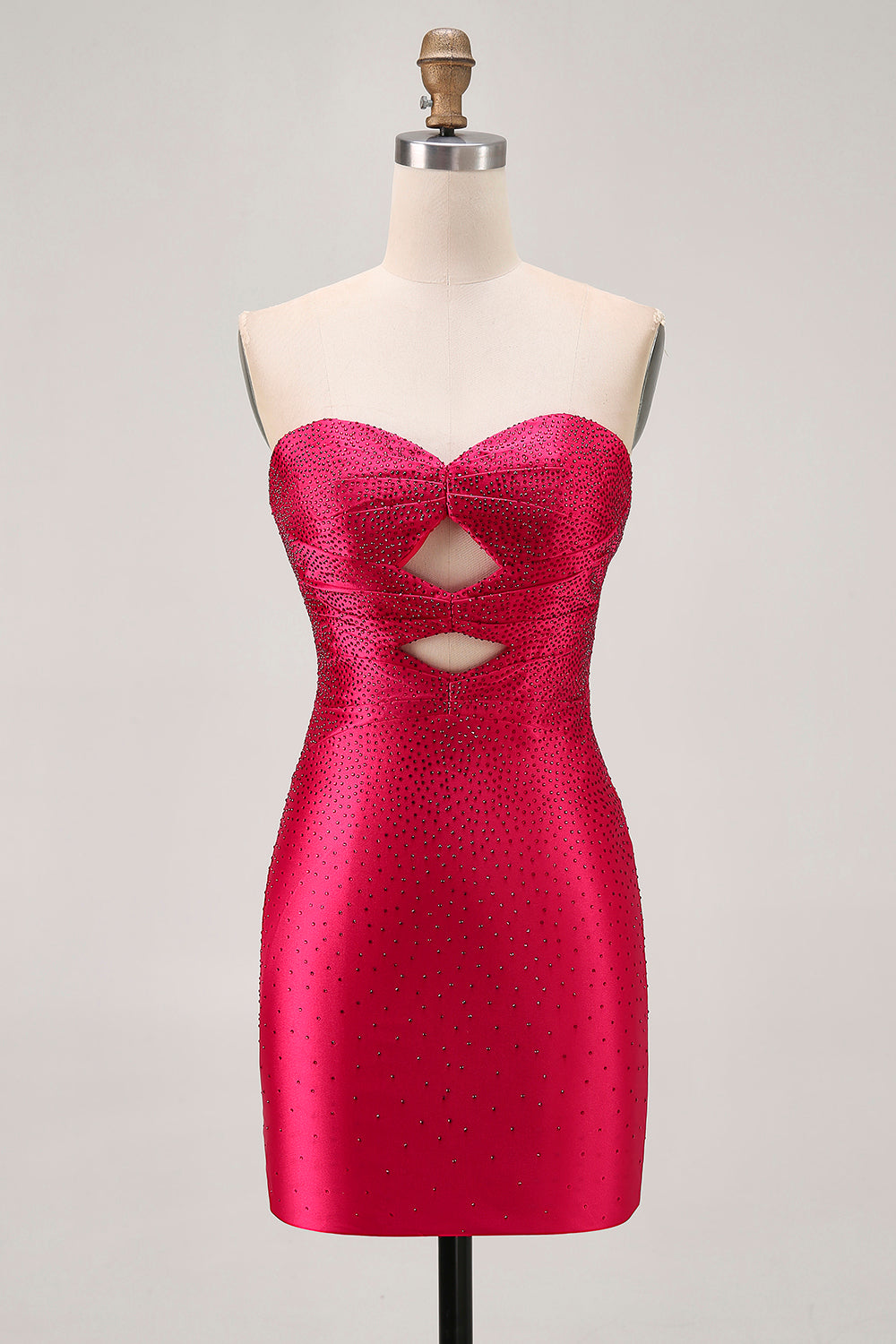 Strapless Cut Out Fuchsia Beaded Tight Short Cocktail Dress