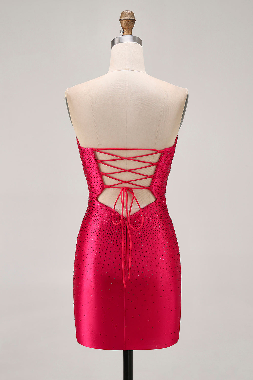 Strapless Cut Out Fuchsia Beaded Tight Short Cocktail Dress