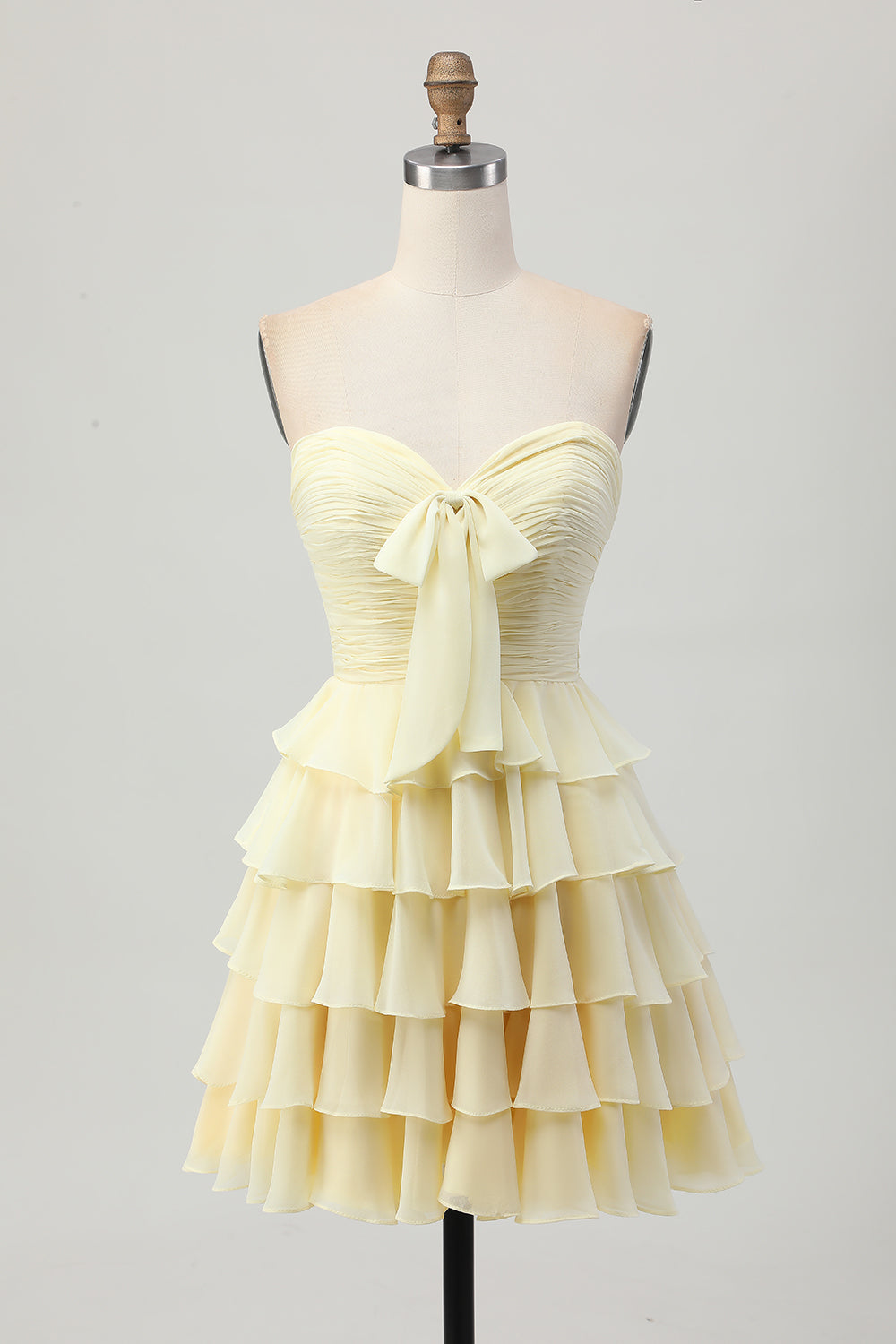 Yellow Strapless A Line Tiered Homecoming Dress with Bow