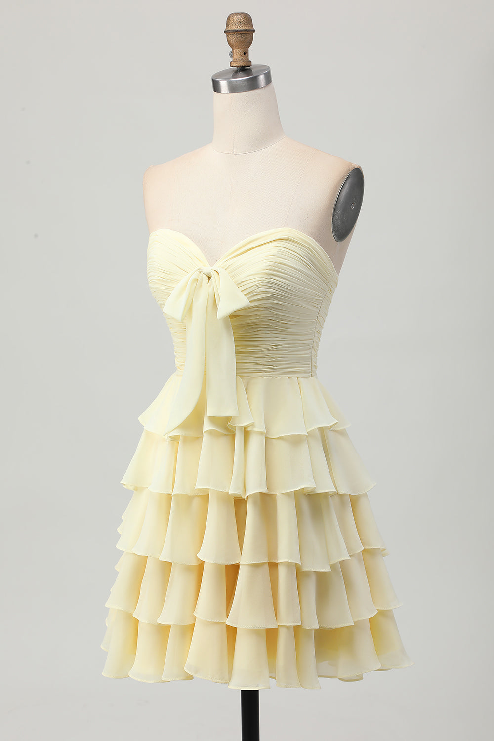 Yellow Strapless A Line Tiered Homecoming Dress with Bow