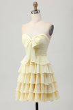 Yellow Strapless A Line Tiered Homecoming Dress with Bow