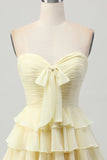 Yellow Strapless A Line Tiered Homecoming Dress with Bow