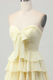 Yellow Strapless A Line Tiered Homecoming Dress with Bow