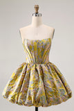 Yellow Strapless Fit and Flare Brocade A-Line Short Homecoming Dress