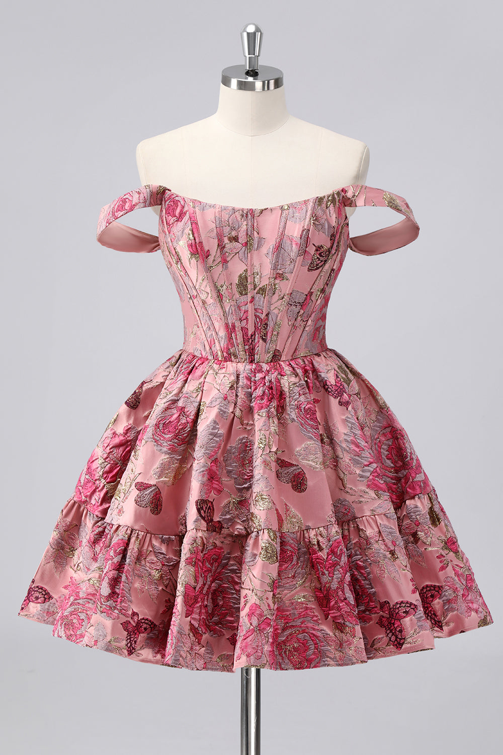 Off The Shoulder Dark Green Brocade Floral A Line Printed Homecoming Dress