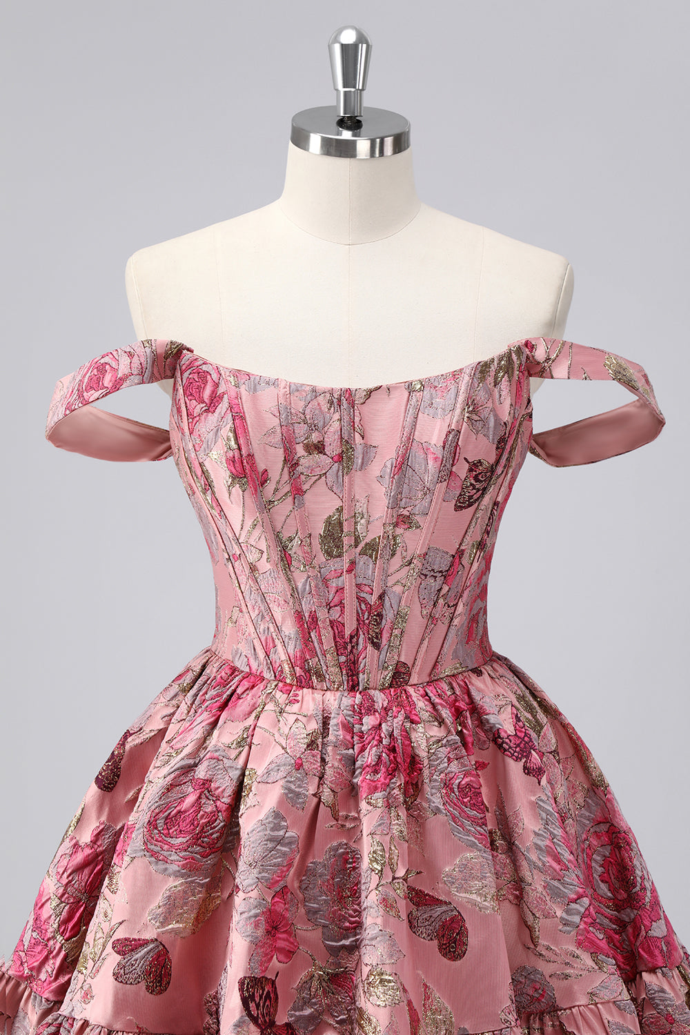 Off The Shoulder Dark Green Brocade Floral A Line Printed Homecoming Dress