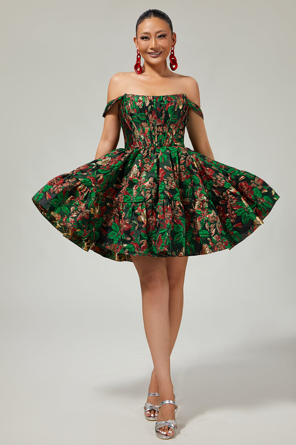 Off The Shoulder Dark Green Brocade Floral A Line Printed Homecoming Dress