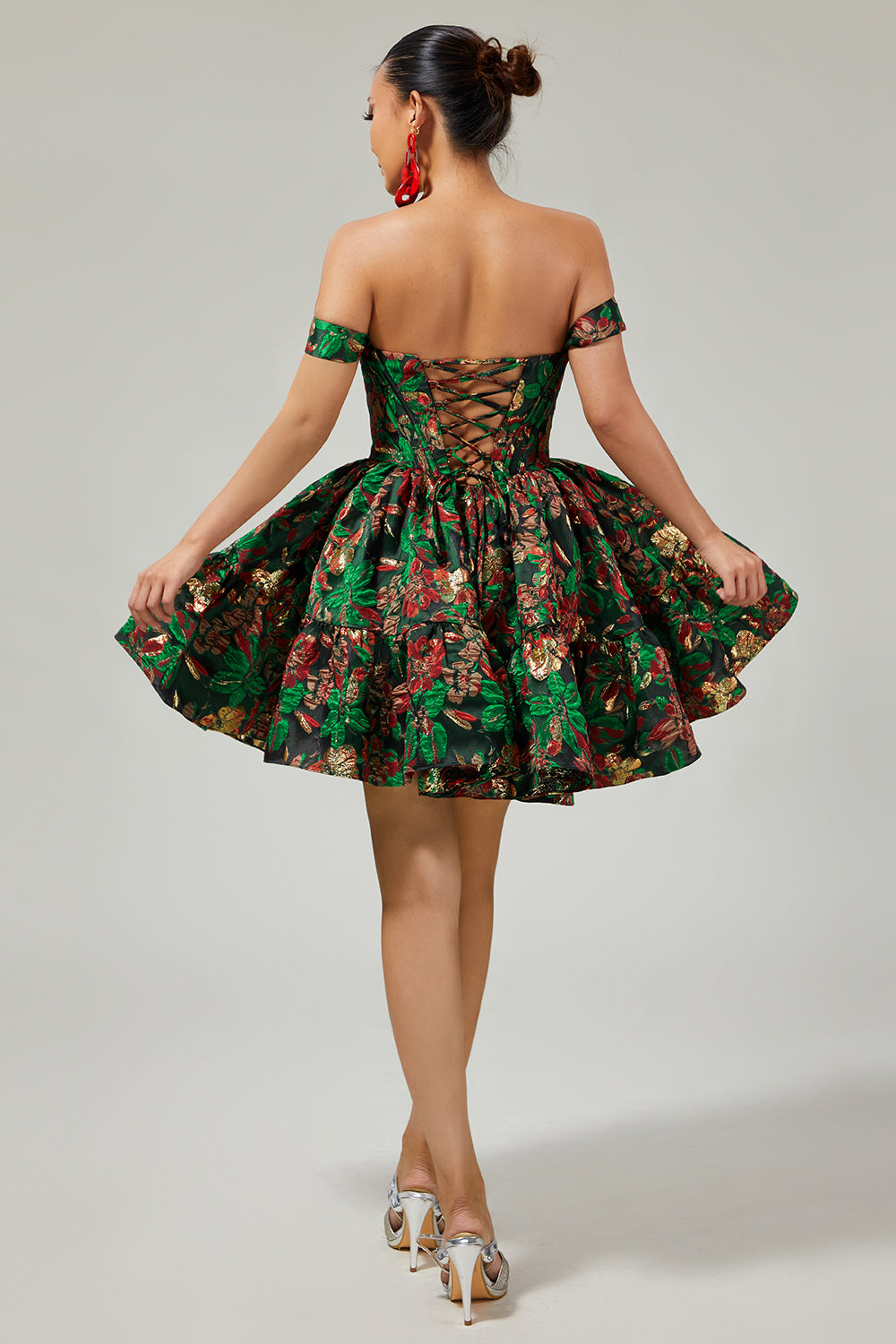Off The Shoulder Dark Green Brocade Floral A Line Printed Homecoming Dress