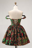 Off The Shoulder Dark Green Brocade Floral A Line Printed Homecoming Dress