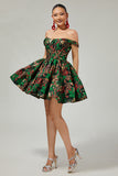 Off The Shoulder Dark Green Brocade Floral A Line Printed Homecoming Dress
