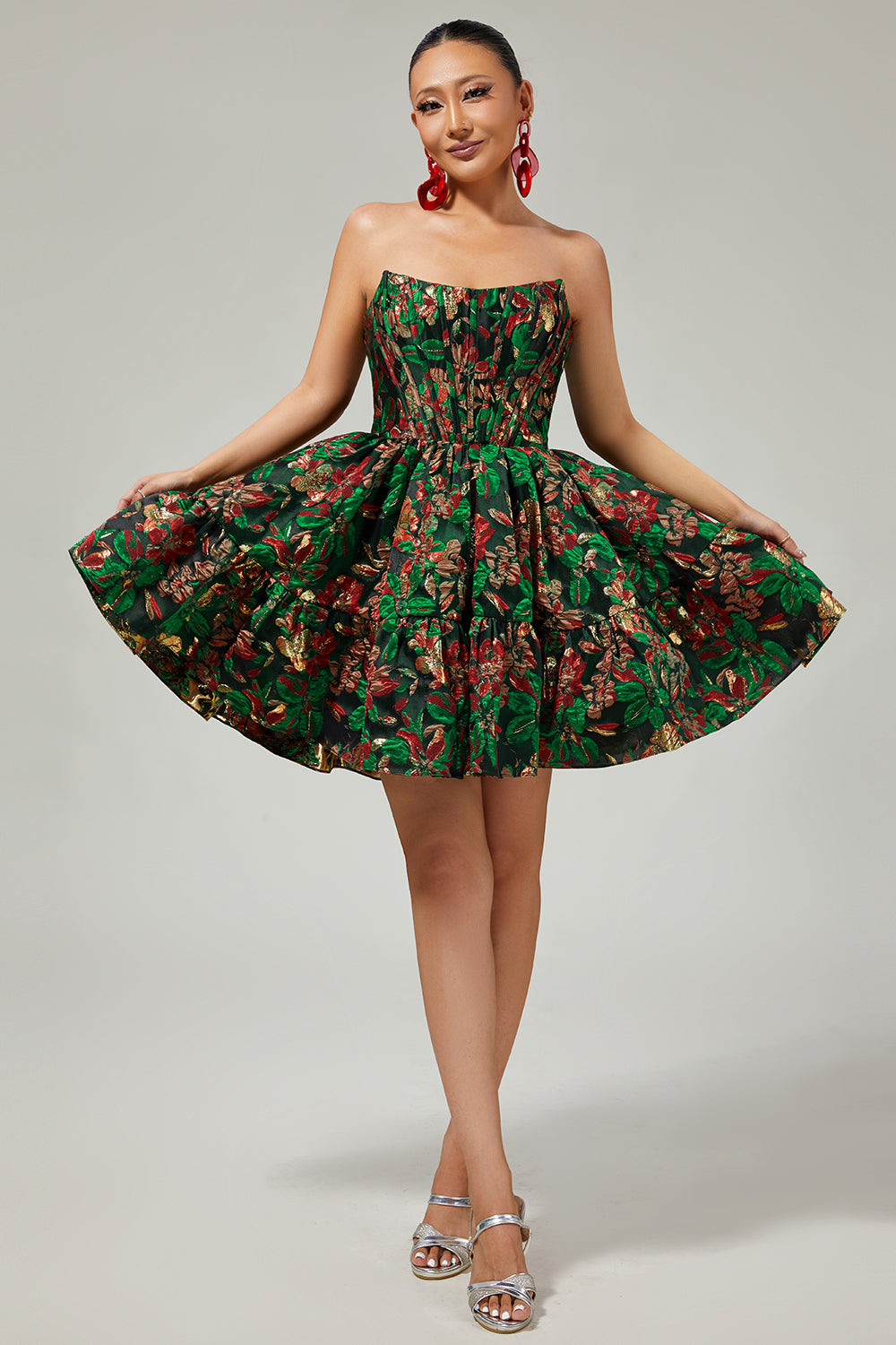 Off The Shoulder Dark Green Brocade Floral A Line Printed Homecoming Dress