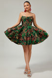 Off The Shoulder Dark Green Brocade Floral A Line Printed Homecoming Dress