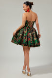 Off The Shoulder Dark Green Brocade Floral A Line Printed Homecoming Dress
