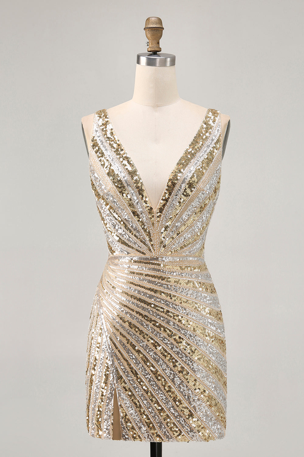 Sparkly Golden Bodycon Sequins V-Neck Cocktail Dress
