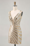 Sparkly Golden Bodycon Sequins V-Neck Cocktail Dress
