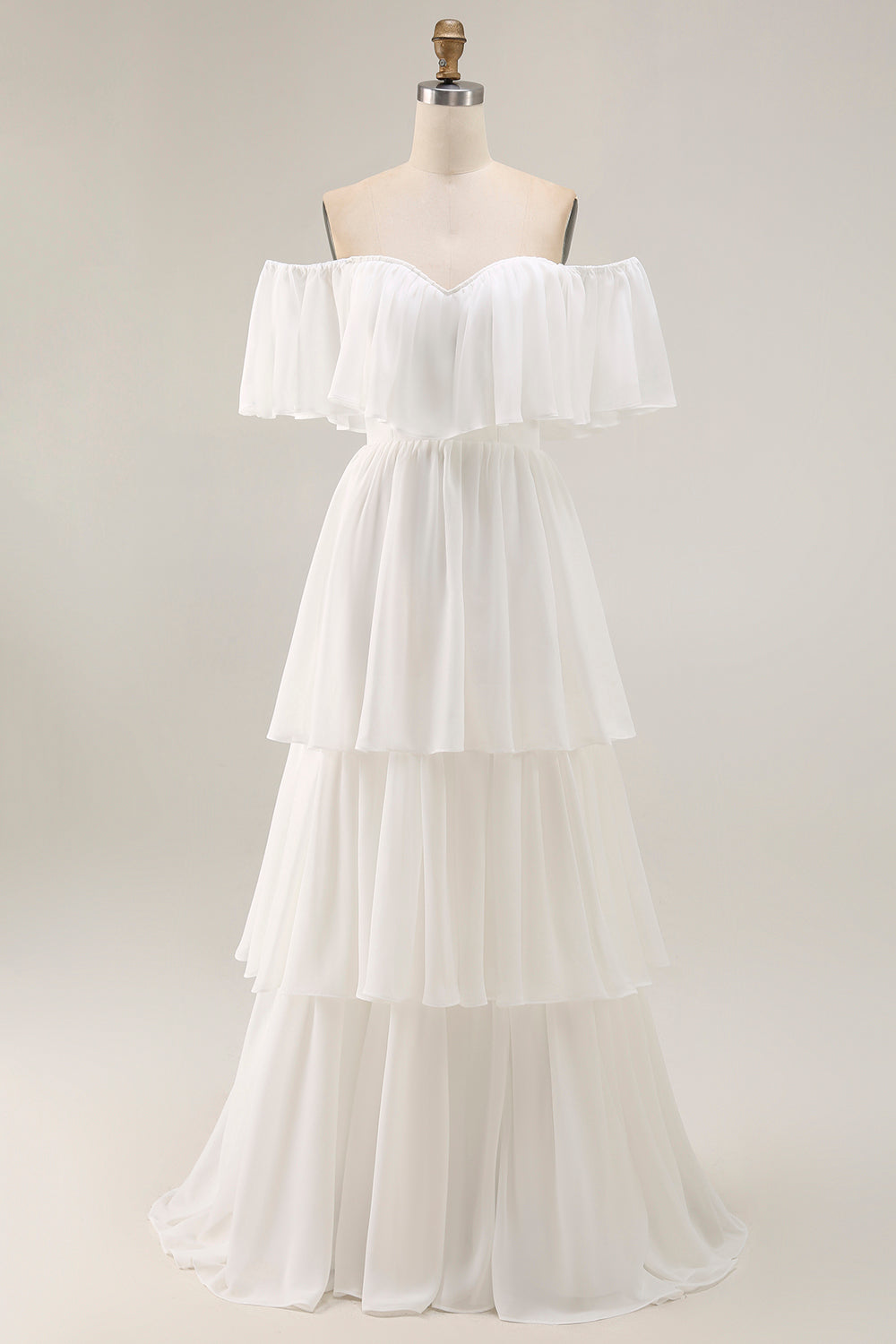 White Off the Shoulder Ruffle Chiffon A Line Wedding Dress