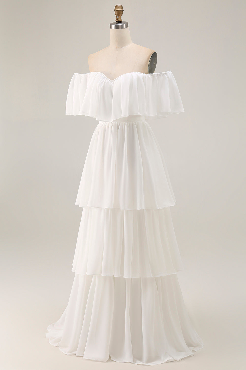 White Off the Shoulder Ruffle Chiffon A Line Wedding Dress