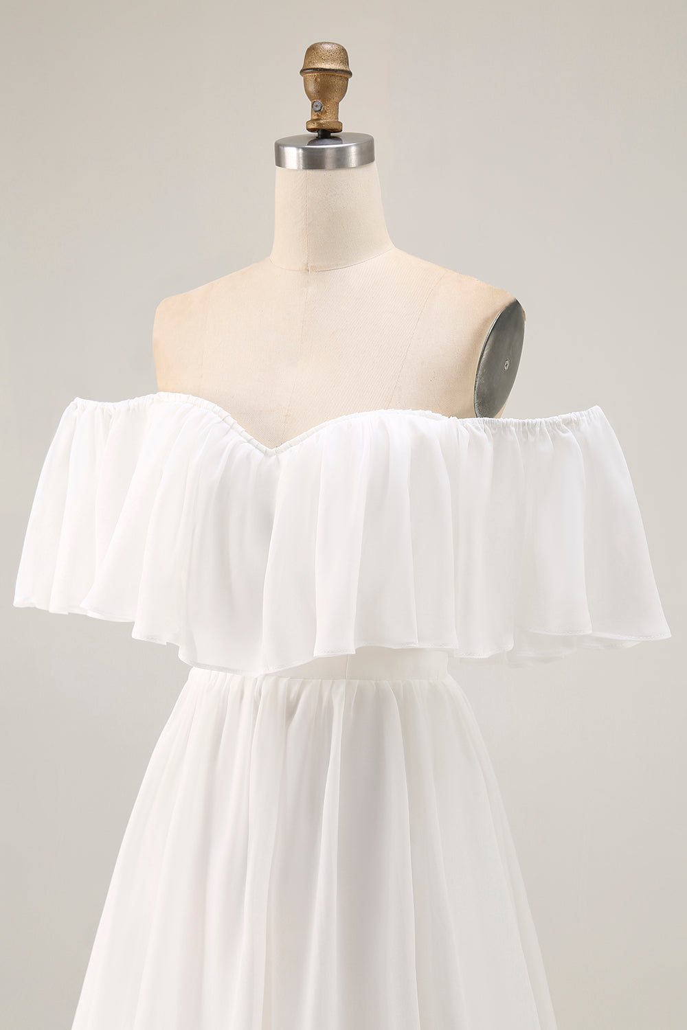 White Off the Shoulder Ruffle Chiffon A Line Wedding Dress