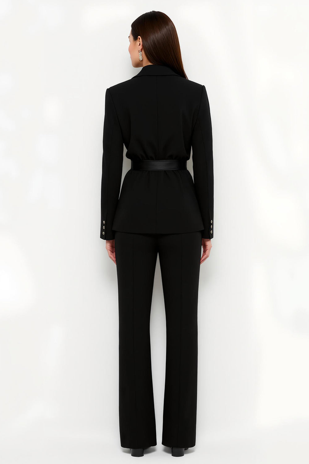 Black 2 Piece Peak Lapel Fitted Women Suits with Belts