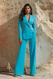 Blue Peak Lapel 2 Piece Satin Women Prom Suits with Pockets