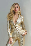 Sparkly Golden 2 Piece Sequins Notched Lapel Women Ball Suits