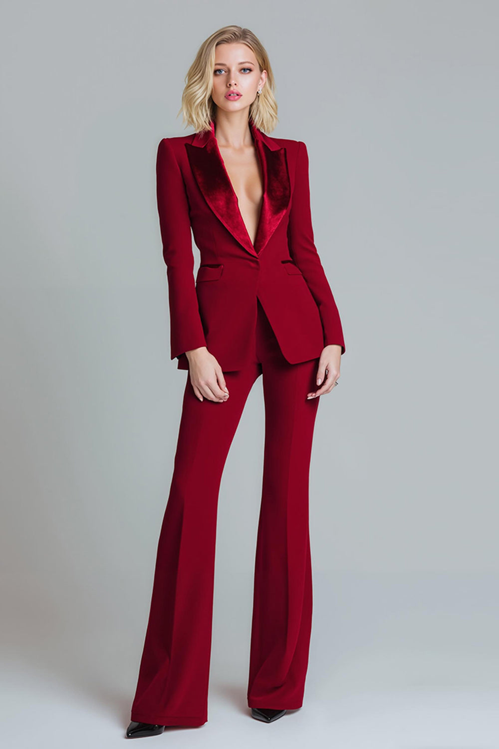Red 2 Piece Peak Lapel Women Ball Suits with Sleeves