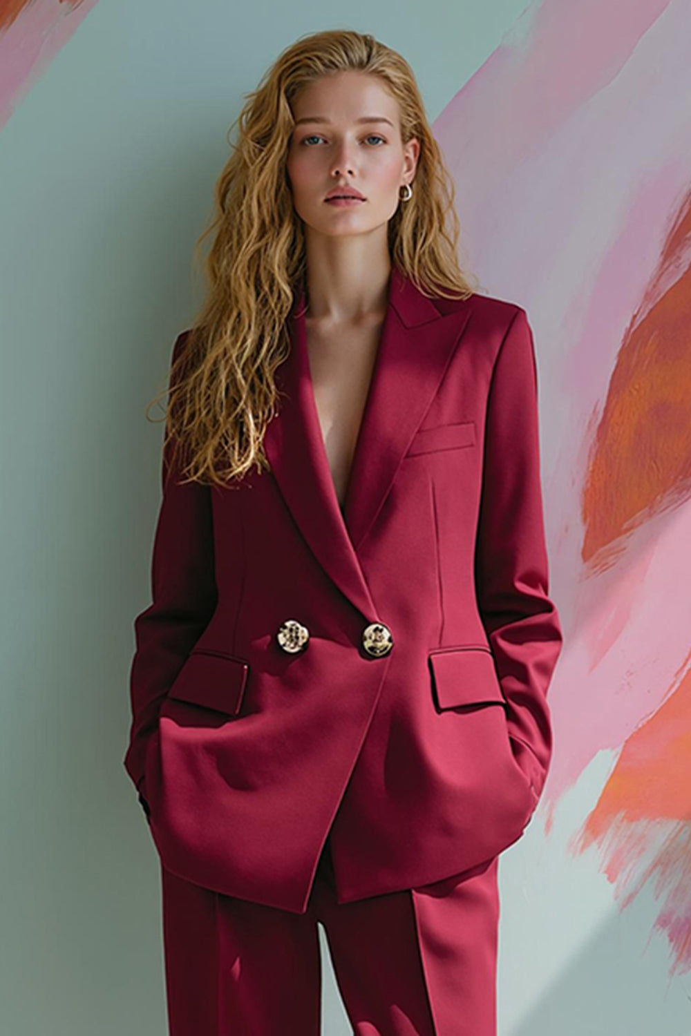 Burgundy Peak Lapel 2 Piece Women Ball Suits with Pockets