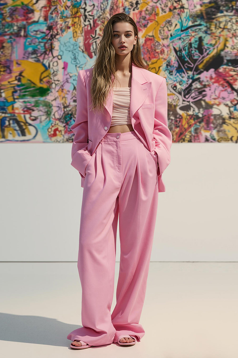 Pink Peak Lapel Satin 2 Piece Women Ball Suits with Pockets