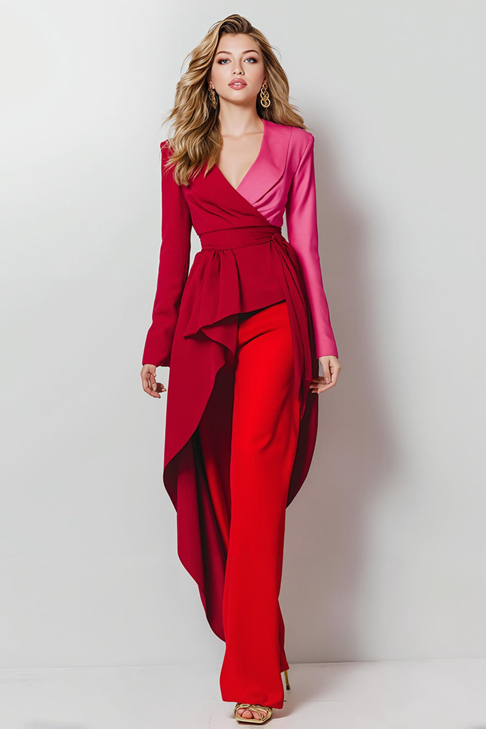Red 2 Piece Satin Shawl Lapel Women Ball Suits with Sleeves