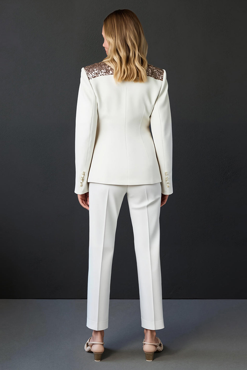 Sparkly White Shawl Lapel 2 Piece Ball Suits with Buttons