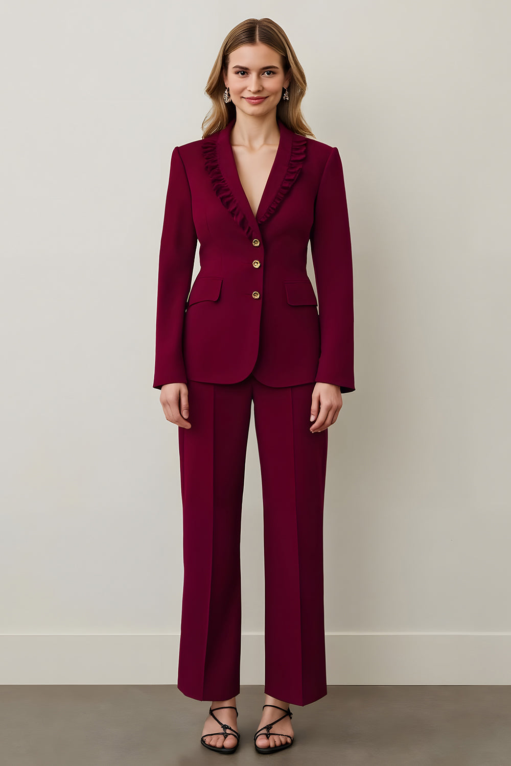 Burgundy Shawl Lapel 2 Piece Women Ball Suits with Ruffles