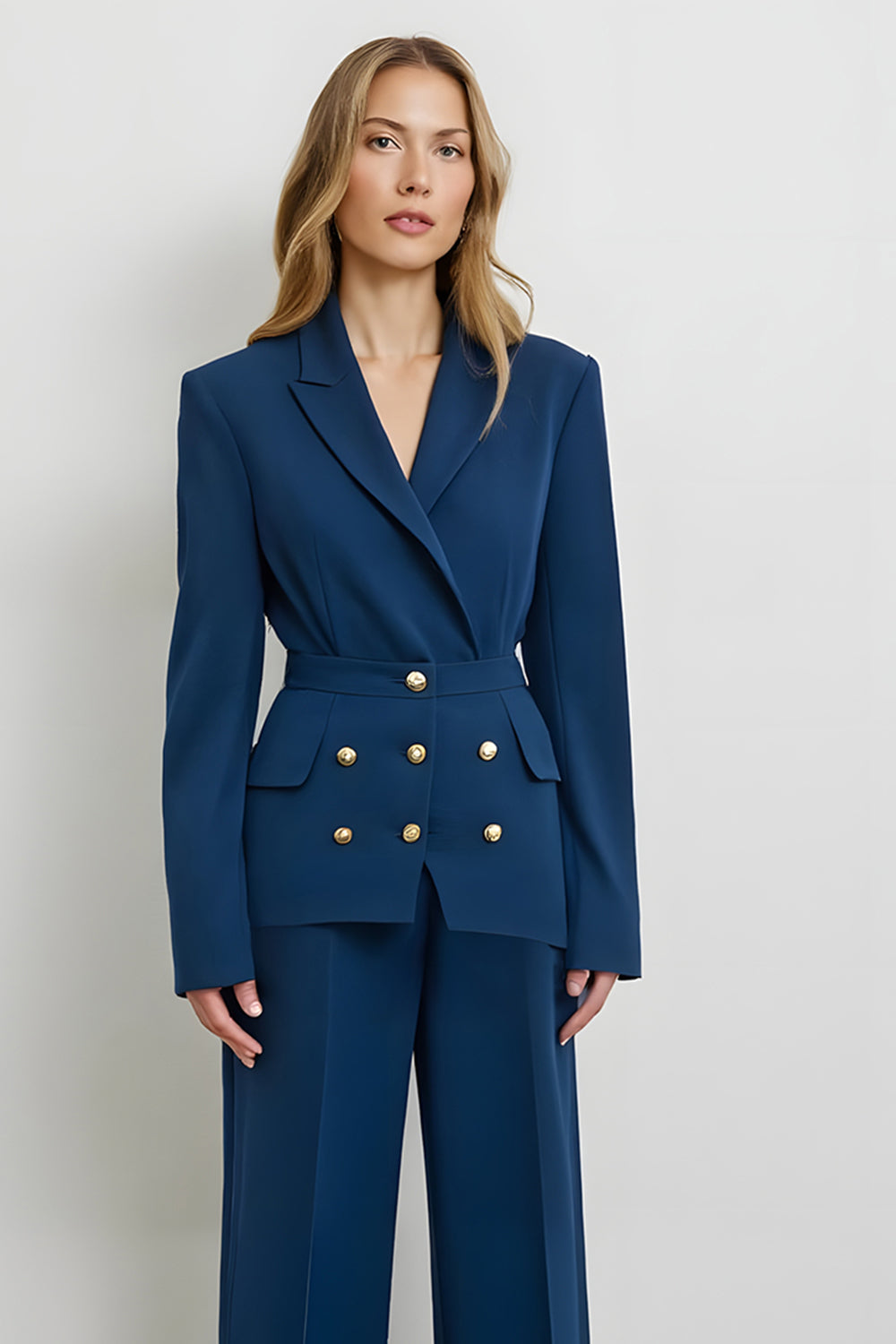 Dark Blue Double Breasted 2 Piece Satin Work Suits
