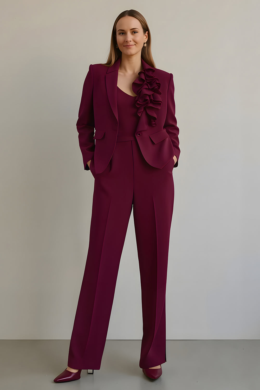 Burgundy 2 Piece Ruffled Satin Women Ball Suits with Pockets