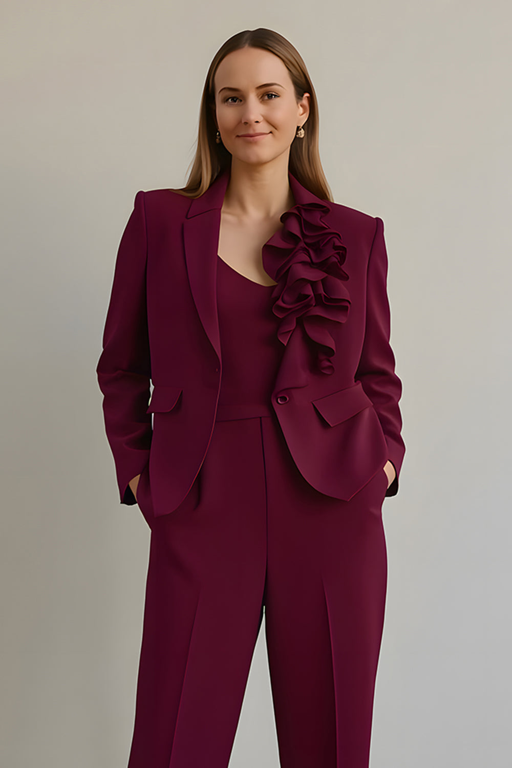 Burgundy 2 Piece Ruffled Satin Women Ball Suits with Pockets