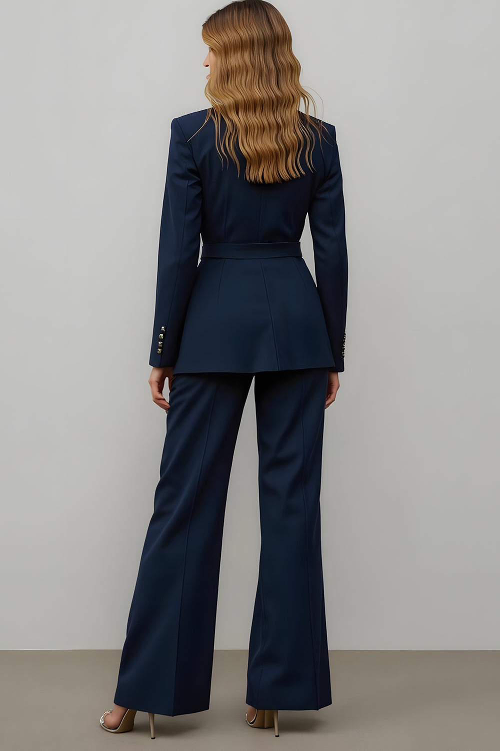 Navy 2 Piece Satin Notched Lapel Women Ball Suits