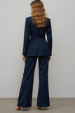 Navy 2 Piece Satin Notched Lapel Women Ball Suits
