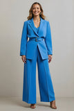 Blue Notched Lapel 2 Piece Women Ball Suits with Belts