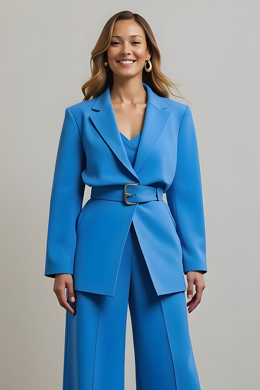 Blue Notched Lapel 2 Piece Women Ball Suits with Belts