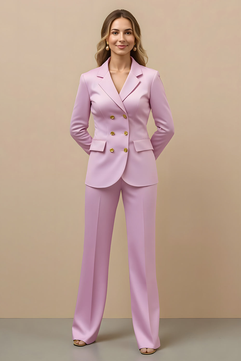 2 Piece Pink Satin Notched Lapel Double Breasted Women Business Suits