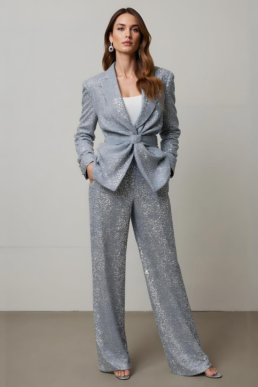 Sparkly Grey 2 Piece Sequins Women Ball Suits with Pockets