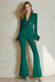 2 Piece Satin Dark Green Double Breasted Rufflu Sleeves Women Ball Suits